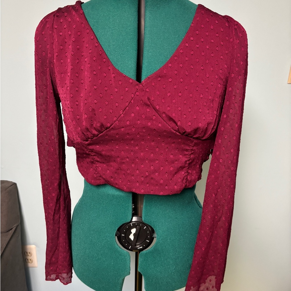Burgundy Fitted Wrap Crop Blouse